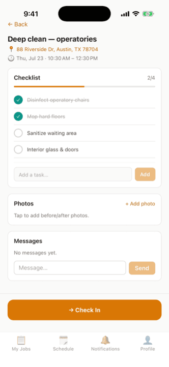Job checklist with photo proof and check-in